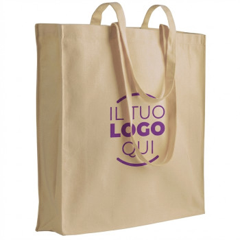 Borsa in cotone naturale da 180gsm con soffietto e manici lunghi