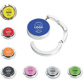 Gancio per appendere borsetta in metallo cromato con etichetta colorata