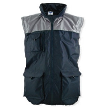 MONTEROSA Gilet "ACTIWEAR" multitasche in colore blu e grigio, con interno in pile, reversibile, Chiusura con zip e coulisse in vita. Lato nylon: 3 tasche zip. Lato pile: 2 tasche zip. Confezione in nylon.
