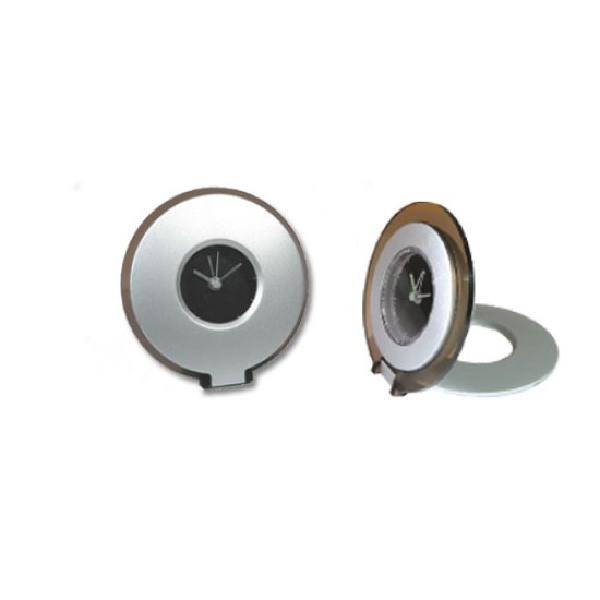 Orologio sveglia da viaggio in plastica silver nero. Batteria inclusa.Scatola confezione silver.