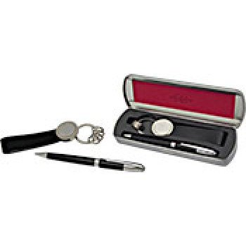 Parure you young coveri penna sfera rotazione in metallo laccato nero finit.cromate refil blu+p.chiavi similpelle nero astuccio di metallo