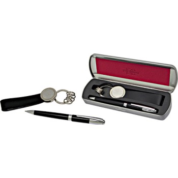 Parure you young coveri penna sfera rotazione in metallo laccato nero finit.cromate refil blu+p.chiavi similpelle nero astuccio di metallo