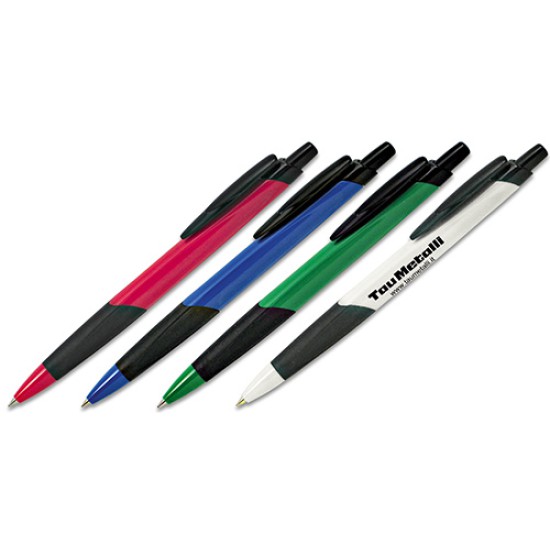 Penna sfera a scatto fusto in plastica bianca clip nera impugnatura in gomma nera refil nero
