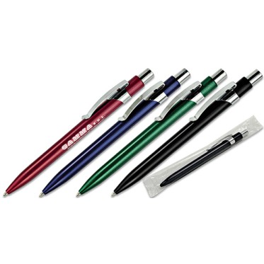 Penna  sfera a scatto, fusto in plastica colorata metallizzata, particolari in metallo. Refil nero. Confezione in polybag.