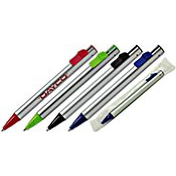 Penna sfera a scatto fusto in plastica in silver finiture verdi refil nero