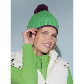 Pompon Hat with Contrast Stripe