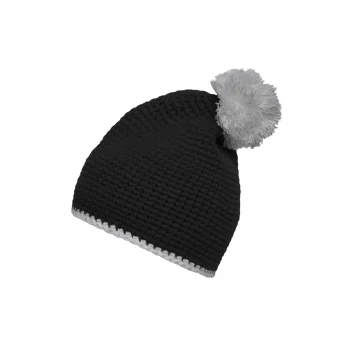 Pompon Hat with Contrast Stripe