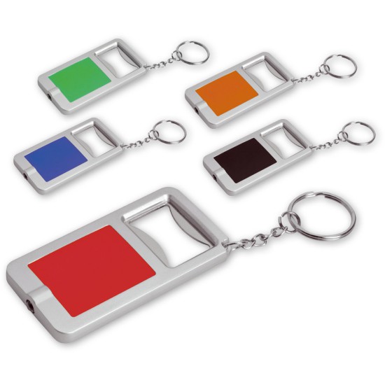 Portachiavi multifunzione, 1 led ad alta luminosit?, con batterie incluese apribottiglia anello in metallo cromato, corredato di astuccio.