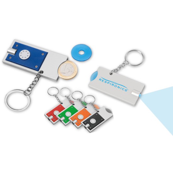 Portachiavi multifunzione con disco in plastica per carrello spesa, puÃ¢âÅÃ¢ââ contenere anche una moneta da 1 euro, 1 led alta luminositÃ¢âÅÃÂ¡. Batterie incluse. Confezione in cartoncino.