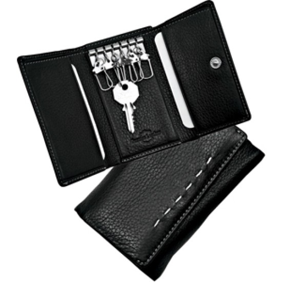 Portachiavi  "WRC" in pelle nera. Confezione cartoncino bianco stampato "WRC".