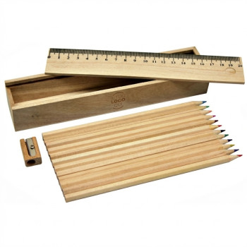 Portamatite in legno naturale con 12 matite colorate e righello