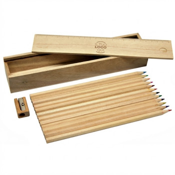 Portamatite in legno naturale con 12 matite colorate e righello