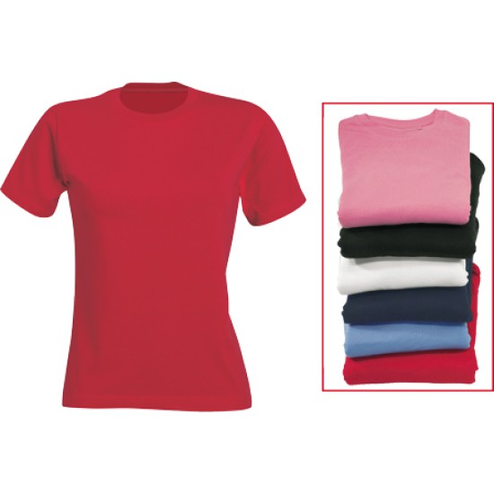 T-shirt  donna girocollo, in cotone da gr. 150, manica corta. Confezione in nylon.
